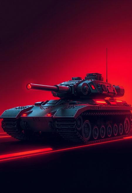 modern tank, neon lights, simple background, red and orange colors, heavy gun, plasma lines