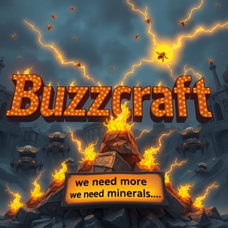 "Buzzcraft" large letters in the sky using starcraft like font, show a lot of zerg like animals except have them replaced with bees, and have a lot of gold lightning bolts look like mineral piles and have a sign below saying, "we need more minerals...."