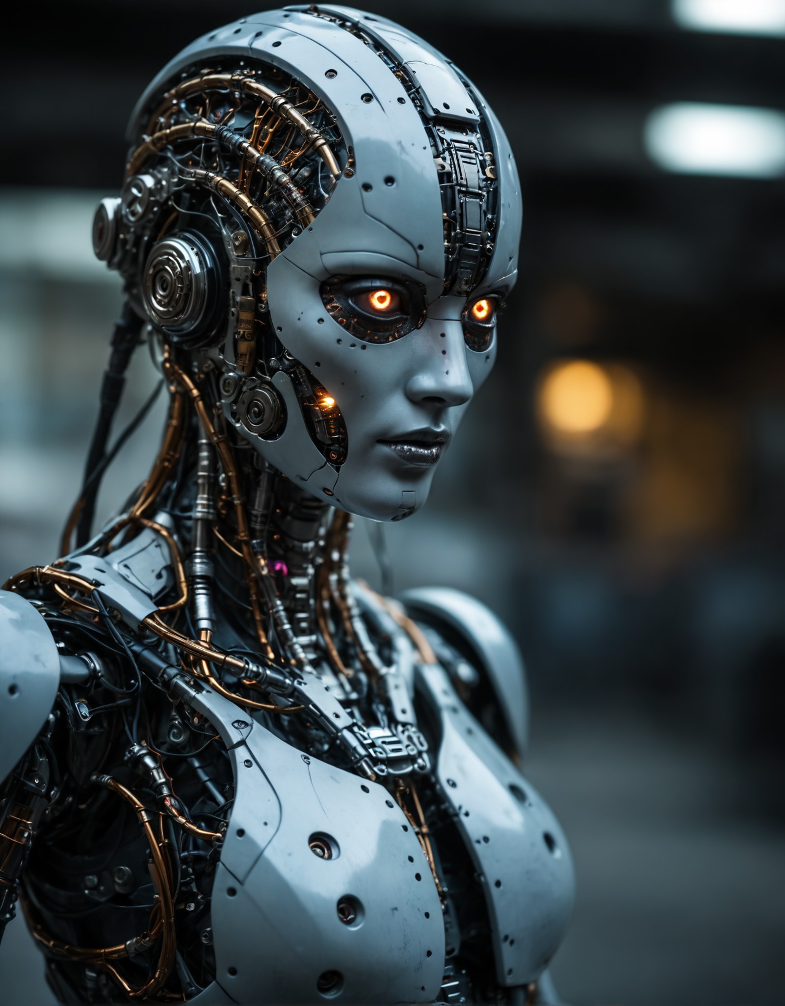 extreme close-up of a feminine survivor robot with the face designed by avant-garde fossil, ultra details in every body pa...