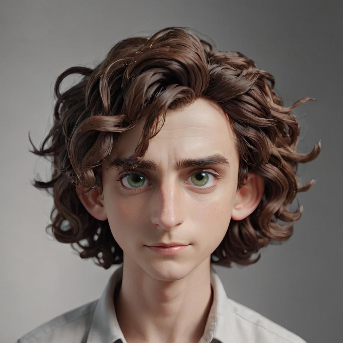 A computer-generated image of a male with curly hair and green eyes.