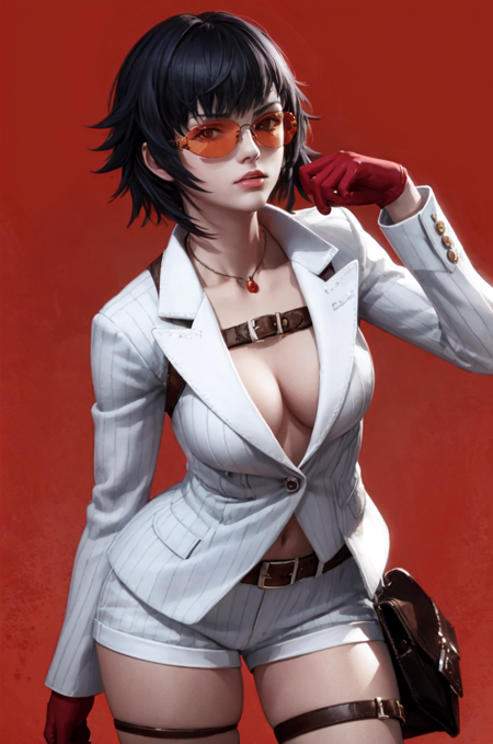 DMC4Lady heterochromia, red eye, blue eye sunglasses, white suit, pinstripe pattern, cleavage, shorts, belt, thigh straps, boots, , gloves