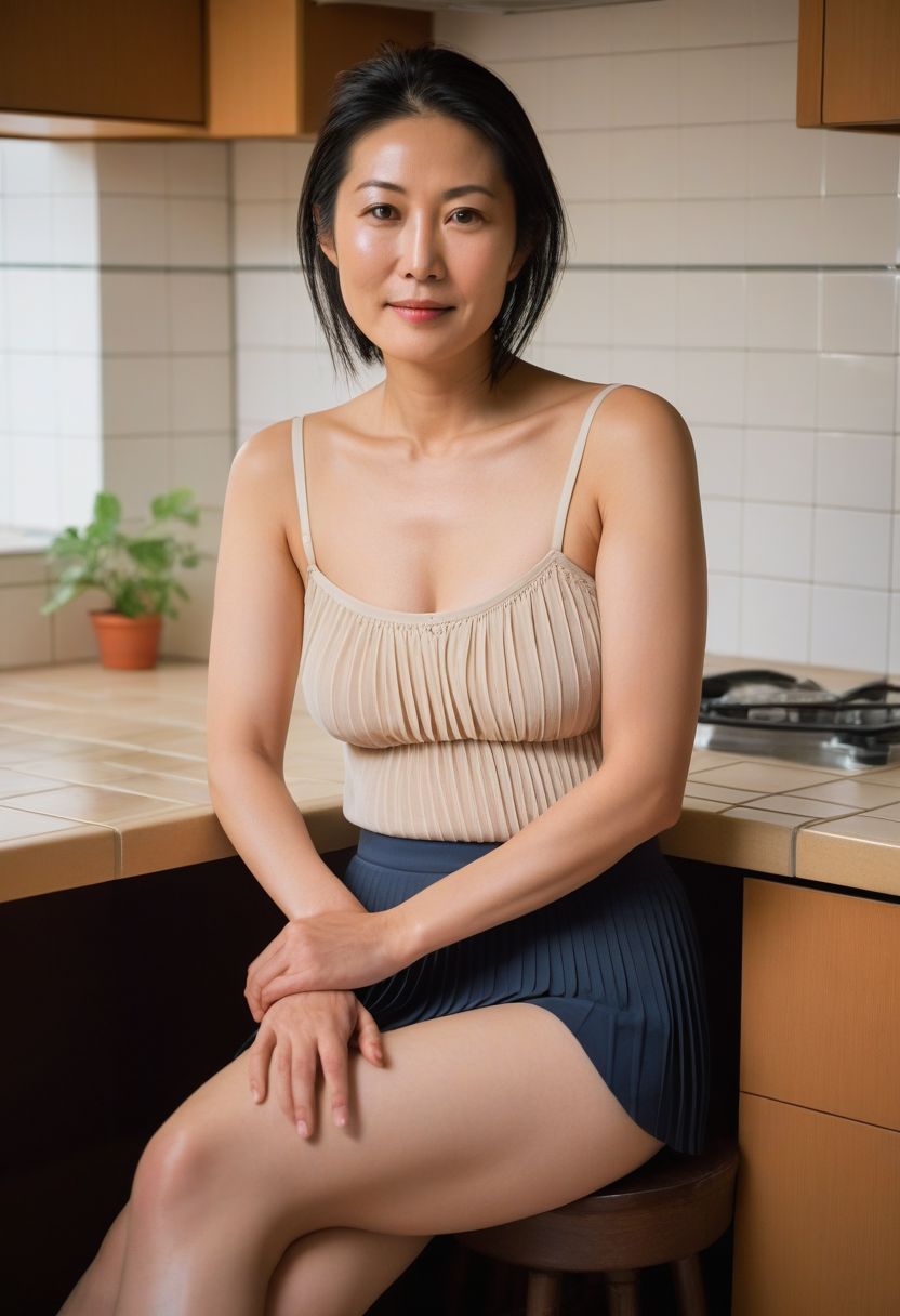 (49-year-old japanese woman, model), (woman, adult:1.6), (tall, thick thighs, tight, small breasts, seductive face, staring at viewer), candid, hairstyle, bare shoulders, pleated skirt, braid, camisole, cleavage, no_bra, off shoulder, (sleeveless), open clothes, see-through shirt, sitting, on table, kitchen, tiles, black hair, (leaning forward), toned, (black hair), 8k uhd, dslr, soft lighting, high quality, Fujifilm XT3,