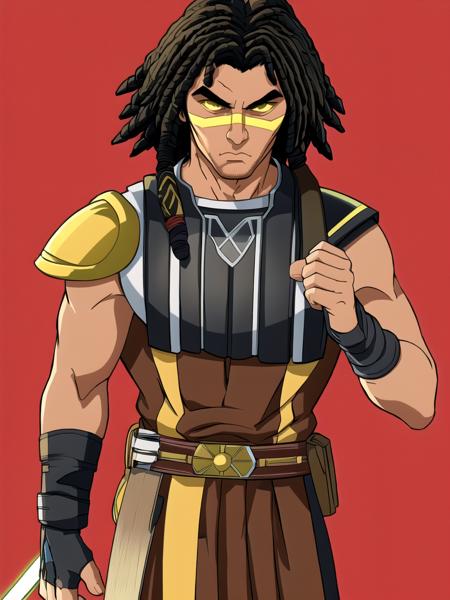 quinlanvos, yellow_stripe_across_face, dreadlocks, black hair, fingerless gloves