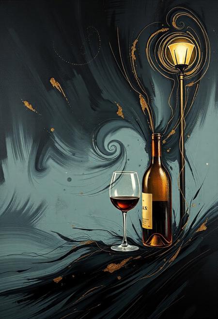 A hyper-stylistic, extremely detailed image depicts a breathtaking painting, crafted from a combination of smeared greyish green, black and gold metallic paint. A wine bottle and glass of wine is next to a lone street light at night is captured in a streaked motion, as if it is moving rapidly in one direction. The black paint is applied in bold, dynamic strokes, creating a sense of energy and movement that is contrasted beautifully by the golden accents. The gold paint is used to highlight the figure and street lights features, adding a sense of depth and dimensionality to the image. The overall effect is one of breathtaking, surreal dynamism, as if the viewer has captured a fleeting moment in time. Every detail of the image is meticulously crafted, from the delicate, swirling patterns of the gold paint to the intricate, textured patterns of the black paint. The contrasts between light and dark, color and texture, create a sense of tension and energy that draws the viewer in, inviting them to explore the kinetic world of the painting. highest-Quality, intricate details, visually stunning, Masterpiece
