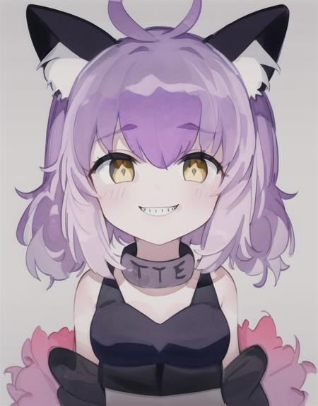 Cheshire Cat black leather dress, metallic chocker, (mad smile), sharp teeth, big mouth, long hair, medium hair, purple hair, animal ears, cat ears