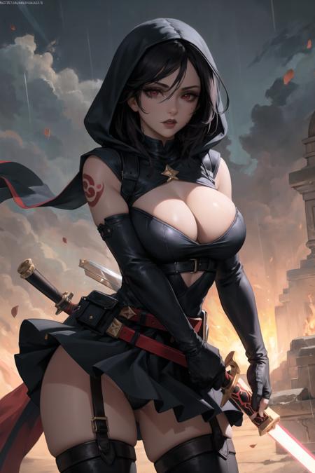 beautiful, (masterpiece:1.2), (best quality:1.2), perfect lighting, perfect eyes, perfect face, 1girl, black dress, black hair, black lips, black thighhighs, breasts, cleavage, cleavage cutout, clothing cutout, dress, dual wielding, elbow gloves, energy sword, fingerless gloves, gloves, holding, holding sword, holding weapon, hood, large breasts, lightsaber, lipstick, looking at viewer, makeup, rain, red eyes, signature, solo, sword, tattoo, thighhighs, thighs, weapon