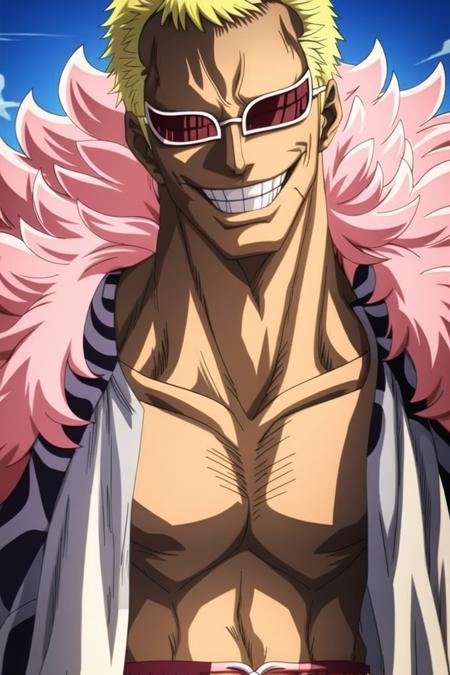 1boy, doflamingo, boa_coat, portrait, smile, teeth, veins, sunglasses, blonde_hair, open shirt <lora:Doflamingo:0.9>