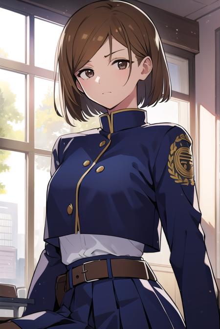 nobarakugisaki, <lyco:nobarakugisaki-LYCORIStest:1>,
nobara kugisaki, bob cut, (brown eyes:1.5), brown hair, lips, short hair,
BREAK belt, brown belt, brown pantyhose, crop top, crop top overhang, jujutsu tech uniform, pantyhose, pleated skirt, shirt tucked in, skirt, blue skirt, blue crop top,
BREAK looking at viewer,
BREAK indoors, classroom,
BREAK <lora:GoodHands-vanilla:1>, (masterpiece:1.2), best quality, high resolution, unity 8k wallpaper, (illustration:0.8), (beautiful detailed eyes:1.6), extremely detailed face, perfect lighting, extremely detailed CG, (perfect hands, perfect anatomy),