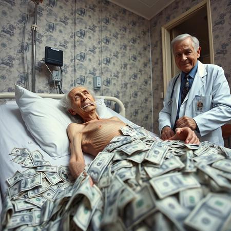 a picture from side point of view of a very skinny old man laying on hospital bed with life support attached to his mouth, piles of dollar around the body, a greedy old doctor smiling and standing next to him with pocket full of dollar, walls and door and pillows and bedsheet made up of dollar bill