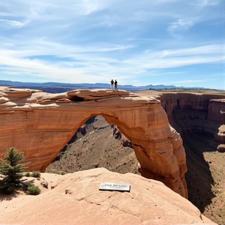 Grand Canyon. Couple standing on large arch. Big drop. Couple in love.