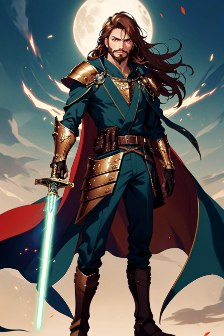 1boy, armor, beard, belt, boots, brown eyes, brown hair, cape, energy sword, facial hair, feet out of frame, gauntlets, gloves, glowing sword, fantasy robes, glowing weapon, holding, holding sword, holding weapon, lightsaber, long hair, looking at viewer, male focus, sheath, solo, standing, sword, weapon