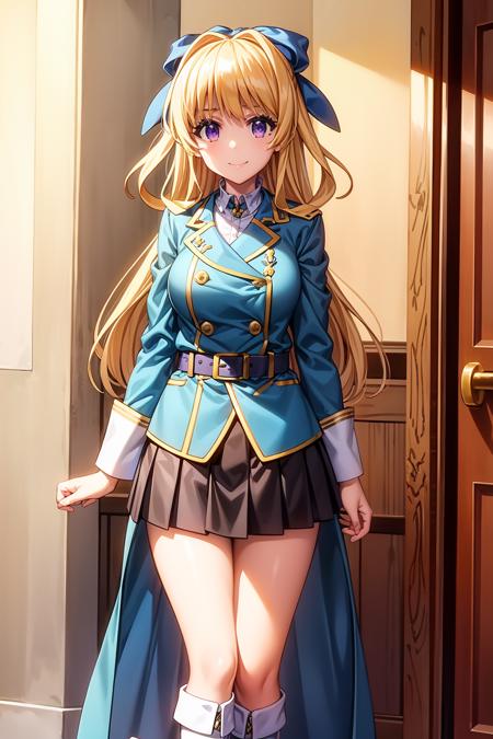 masterpiece, best quality, 1girl, solo, long hair, looking at viewer, closed mouth, smile, blonde hair, purple eyes, hair bow, night, blue bow, rista_ristarte,  belt, buttons, green jacket, jacket, knee boots, long sleeves, military, military uniform, skirt, solo, standing, uniform