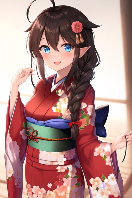 masterpiece, best quality, highres, solo, {shigure_kantaicollection:1.10}, long_hair, blue_eyes, ahoge, hair_flaps, braid, single_braid, hair_ornament, brown_hair, blush, smile, black_hair, breasts, hair_between_eyes, 1girl, japanese_clothes, kimono, looking_at_viewer, floral_print, hair_over_shoulder, wide_sleeves, alternate_costume, open_mouth, bangs, flower, holding, obi, sash, upper_body