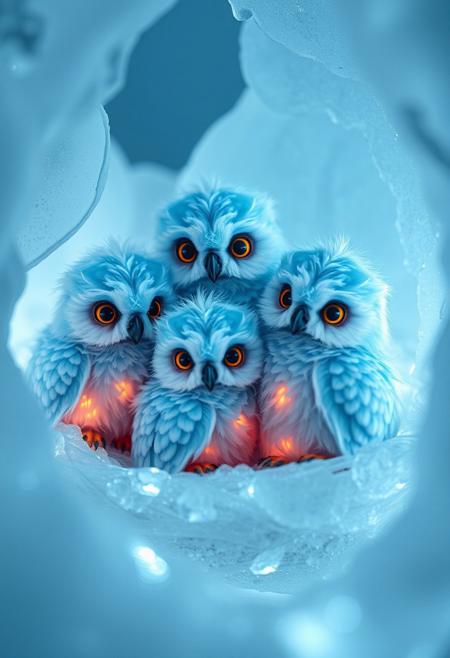 A group of adorable, hyper-stylistic baby ice owls snuggle together in a nest of intricately woven ice, their bodies a mesmerizing fusion of frosty blue ice and vibrant, icy color. Each owl's body is rendered in exquisite detail, with delicate, crystalline structures that seem to shimmer and glow in the light. Their spiky, icy feathers add a touch of dramatic texture to the scene, while their big, round eyes shine with a sweet, innocent light. The nest, a delicate, lacy structure of woven ice, glows with a soft, ethereal blue light, as if the very essence of the frozen landscape has been distilled into this tiny, shimmering sanctuary. Every detail of the scene is meticulously rendered, from the delicate, frosty patterns on the owls' bodies to the tiny, glowing cracks in the ice. The overall effect is one of breathtaking, wintry wonder, as if this tiny, adorable brood has brought a spark of life to the frozen landscape. highest-Quality, intricate details, visually stunning, Masterpiece