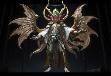 Discover a mystical, powerful elf, standing proudly against a dark Nightmare's Steelcage. Dressed in white with golden and red accents, the elf's head dons a large green gem. With multiple arms and legs, the intricately patterned body exudes both functionality and artistry. The 4K, highly detailed is ready for action. This breathtaking, concept art embodies vibrant colors, dynamic action pose, and captivating lighting. Experience an epic, colorful environment with sharp lines, inspired by artists like Alphonse Mucha, Wlop, and Greg Rutkowski. This masterpiece, rendered with Octane, is ready to trend on ArtstationHQ.