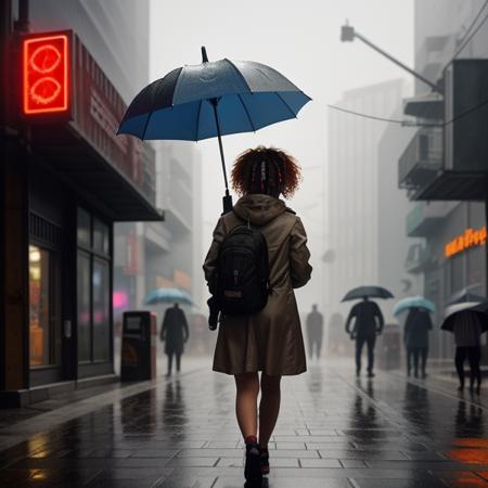 a young girl strolling down a cyberpunk street with an umbrella in the rain with curly light brown hair and bright yellow eyesrealistic,cyberpunk photorealistic technological,art by,Hildebrandt JMW Turner,in the style of,Pinterest Pixiv,dusk,post-processing Octane trending on artstation highly detailed complex picture very detailed ultra realistic,<lora:easynegative:0.7>,
