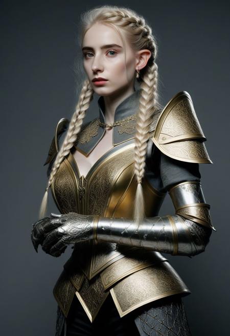 1girl 18 yeas, elf, slender, pale skin, goosebumps, very long gold and silver hair, triple braids,  light grey eyes, (small pointed ears:1.3),
Milanese plate armor, black gauntlets, dnd character portrait, intricate, analog photograph, masterpiece, expertly crafted, incredibly detailed, 8k resolution, 
 (By Alice Pasquini, by Aliza Razell:0.8), low angle shot, Cinematic Hollywood Film style a young woman, 18, sensually dynamic pose ,