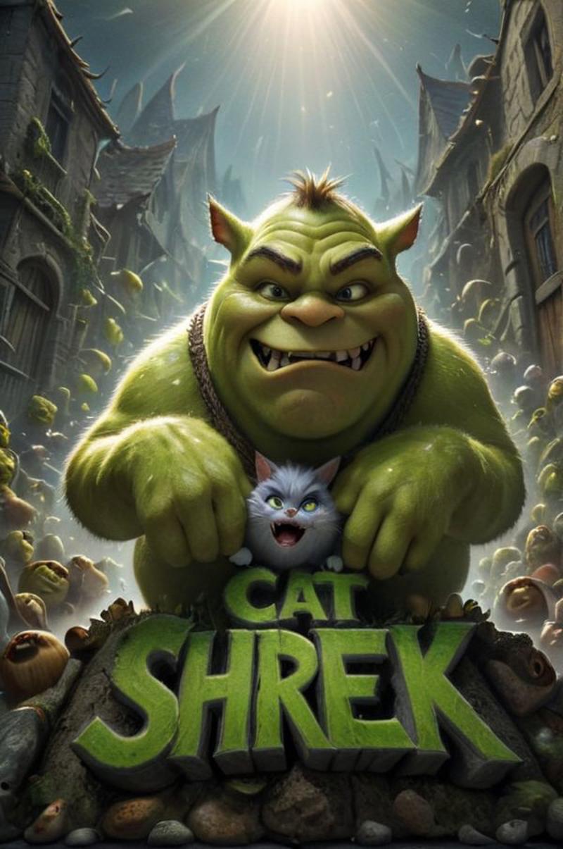 A Movie Poster of Cat Shrek with the Cat and Shrek Holding Each Other.