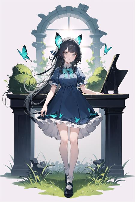 1girl, solo, long hair, dress , full body, white background, simple background, shoes, black bow, hair bow, bangs, blue footwear, blue dress, socks, short sleeves, black footwear, grey hair, standing, grey eyes, footwear bow, personification, looking at viewer, blue bow, frills, blunt bangs, hair ornament, white socks ,piano, flower, scenery, instrument, tree, overgrown, outdoors, grand piano, sunlight, grass, day, solo, blurry, long hair, bug, ruins, bird, blurry foreground, light rays, plant, black hair, nature, butterfly, depth of field, sitting, playing instrument, sunbeam, music, moss, window 
//,
///////////  <lora:netural-000193:1>