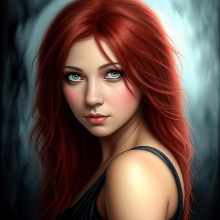 A woman with Red hair and Luminous eyes looks at the camera, Beautiful picture of the character, character portrait, character portrait,  epic portrait illustration, neo-artcore, high quality portrait, fantasy concept art portrait, detailed matte fantasy portrait, Detailed beautiful portrait, fantasy art portrait, dark, chiaroscuro, low-key, oil and watercolor painting