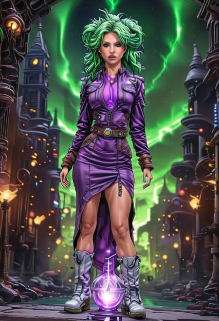 Mystic Lumina, solo, scifi, futuristic city, female, green hair, big hair, twin tail, hour glass figure, high detail, perfect face, 28 years old, fully dressed, night, censored, jacket, purple shirt, long skirt, white boots.