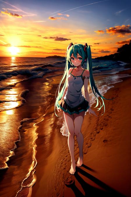 anirl, best quality, ultra high res, 1girl, hatsune miku, full body, scenery, smile, ocean, sunset, city, barefoot, footprints, sand,