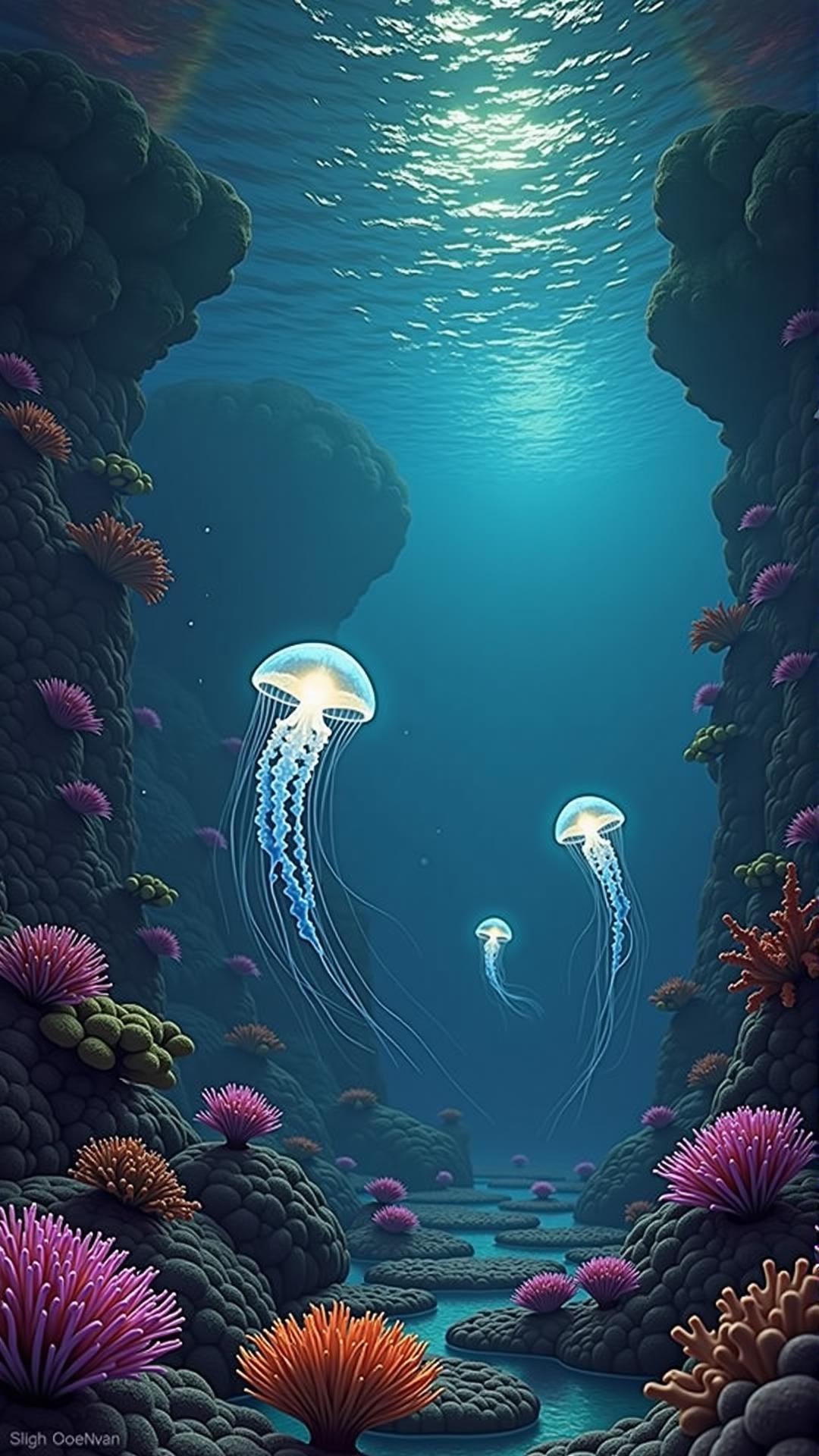 A dreamlike underwater landscape where the ocean floor is made of glowing coral, each branch pulsing softly with vibrant colors. Massive, translucent jellyfish drift lazily through the water, their long, glowing tendrils trailing behind them like beams of light. The water is crystal clear, allowing you to see for miles in every direction, where enormous, glowing sea creatures move slowly through the depths. Above, the surface of the water reflects the glowing coral below, creating an infinite mirror of light and color. In the distance, massive, glowing ruins rise from the ocean floor, their surfaces covered in glowing algae and bioluminescent plants.