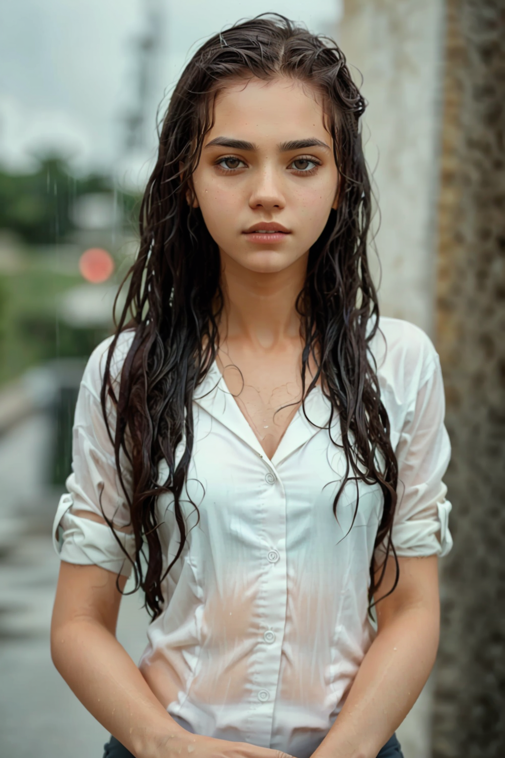 beautiful girl wearing a suit button shirt caught in the rain wet hair, (masterpiece:1.2) (illustration:1.1) (best quality...