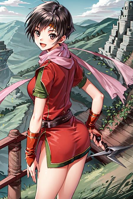 <lora:kasumis_suikoden:0.88>, kasumi suikoden, 1girl, solo, short hair, brown hair, ((masterpiece)), (best quality), 1girl, alone, bridge, grass, focused, close angle, grabbing, smile, detailed, anime, brown eyes, hand on hip, open mouth, shoes, short,short sleeve, black hair, flats, holding, :d, ribbon, green socks, chinese clothes, bangs, footwear, from behind, looking at behind, turn around, turn back, ass,rear-view mirror,  full body, cliff, mountain, ocean, standing,  stone castle middle ocean, red clothes, long pink scarf, leather belt, sandal, kunai, cowboy shot, standing on cliff edge