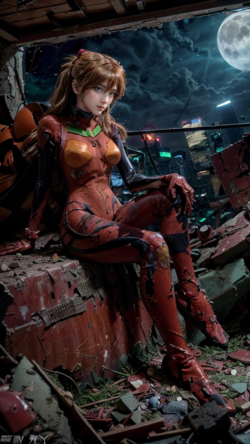 A woman in a red and green suit sitting on top of a pile of rubble.