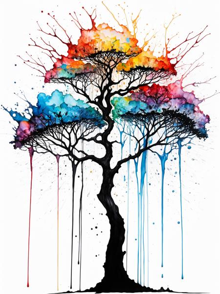alcohol ink splatter art, opalized tree, translucent,Agnes Cecile, Wlop, Karol Bak, Carne Griffith, amazing  artwork, intricately detailed, minimalism, intense style, sumi ink, sharp and fine, high opacity, intense lighting, highly contrasted, elegant, iridescent opal features, white, black, colorful fluid ink, dripping ink, partly Silhouette effect ,hyperdetailed double exposure masterwork by head of prompt engineering