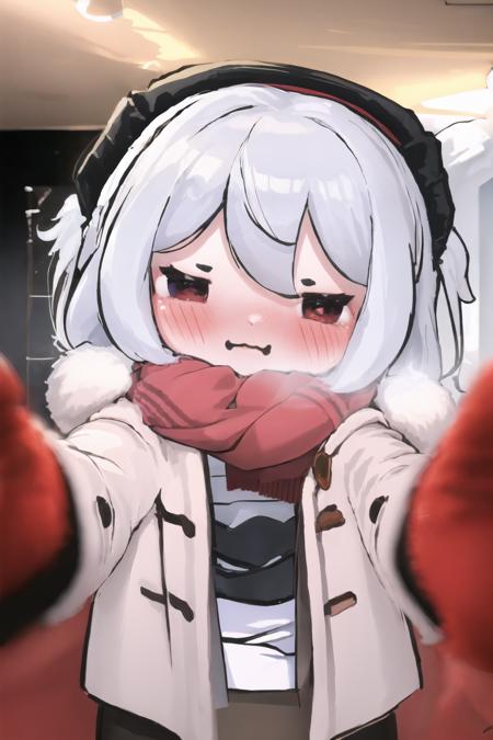 1girl, IncrsChkWarmingMeme, red scarf, pov, shy, blush, closed mouth, <lora:PovCheekWarmingMeme:1>, chibi, <lora:Style_Walfie:1.1>