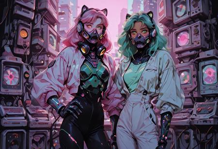 Shinkaistyle masterpiece of a slender, fit, tall, long-legged anime-style cyberpunk character in a retro, pink aesthetic. She has long, flowing teal hair, emerald green eyes with cybernetic augmentations, and wears black and white armor with gauntlets and boots. She poses with one hand on her hip, the other in her pocket, engaging the viewer with direct eye contact. The background is a dynamic, holographic cityscape with soft shadows from a light source on the left. The overall atmosphere is one of cybernetic beauty and futuristic fantasy. 1girl, solo, long green hair, medium breasts, green eyes, open jacket over white shirt, black gloves, looking at viewer, bangs, simple gradient background, eyelashes, aqua hair, mask, animal ears, glowing eyes and elements, headphones, slit pupils, dark skin, neon trim, cyberpunk respirator.