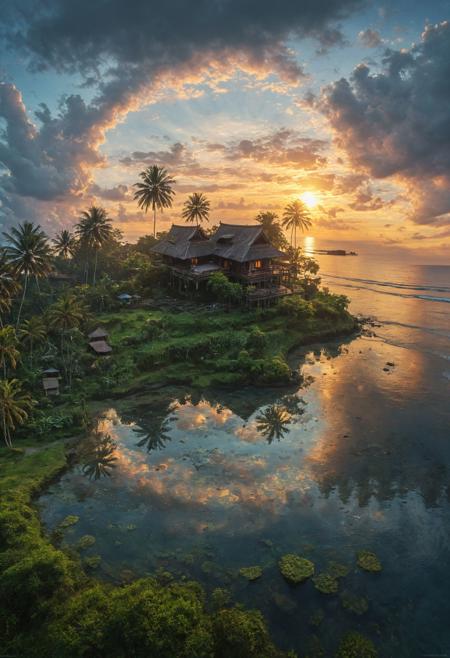The sun has risen and is casting its light on the a wonderful Bali landscape, a picturesque ocean, at the beach there are a lots of Palm trees, at the beachside, there is a little old  cottage house, lovely fantasy, sunrise, romantic colors,   I return with the same fervor as before, my soul as joyful as ever, eager to serve you. Joy surrounds me from every corner. A rich and complex oil painting of sounds, a living tapestry woven from the hues and textures captured by a digital mirrorless camera. This melody creates an enchanting and haunting shot world full of intricate details that invite you to listen and discover, masterpiece, best quality, double exposure, realistic, whimsical, fantastic, splash art, intricate detailed, hyperdetailed, maximalist style, psychedelic, post-apocalyptic, photorealistic, concept art, sharp focus, harmony, serenity, tranquility, morning sky, surrounding clouds, mysterious glow, perfectly round sun,
ambient occlusion, halation, cozy ambient lighting, dynamic lighting, double exposure, mentixis, metix, linquivera, liiv1, award winning, BadDream, ais-lineart <lora:xl_more_art-full_v1:0.45> <lora:Instant_landscaper_XL:0.35> <lora:add-detail-xl:0.65>