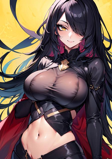 (masterpiece), best quality, lot of details, 1 girl,solo, upper body, close-up, hair over one eye, black hair, yellow eyes, bodysuit, simple background, large breasts, centred, looking at viewer, <lora:Orouu_70_v2:0.7>