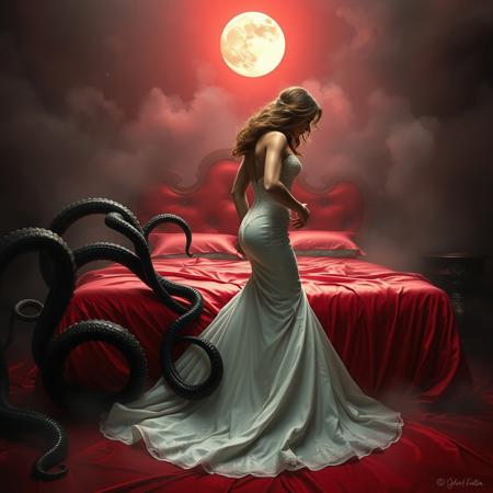 Bride in a sleek, strapless, mermaid-cut wedding gown with delicate lace details and a sweeping train, her hair styled in loose, flowing waves, wearing high heels that glint in the dim light, attempting to struggle free from dark, slithering tentacles that wrap around her waist and arms, pulling her towards a lavish, crimson-hued, wet-look bed with silk sheets and plush pillows, set amidst a thick, eerie fog that swirls around her, illuminated only by the pale glow of a full moon hanging low in the night sky, in the style of H.R. Giger's dark, biomechanical surrealism, combined with the haunting, atmospheric lighting of Zdzisław Beksiński's Gothic paintings, and the intricate, detailed textures of Ash Thorp's dark, futuristic illustrations.