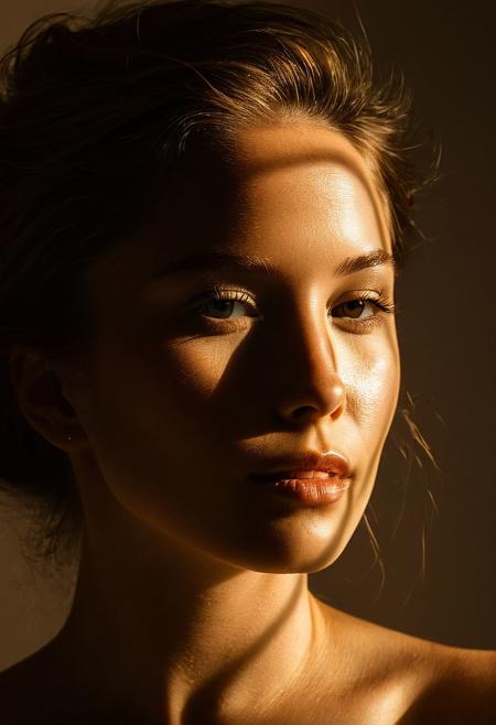 A mesmerizing close-up portrait of a woman portrayed in a single artwork piece, where light and shadow are used to create a sense of depth and drama. Soft, diffused lighting bathes her features in a flattering glow, while carefully placed shadows add definition and contour to her face. Multiple image exposures are employed to capture the intricate textures of her skin and hair, as well as the subtle nuances of her expression. Each exposure is meticulously blended to create a seamless portrait that captures her essence with breathtaking realism. Photography, utilizing a high-resolution digital camera with a prime lens to capture fine details and subtle nuances, The resulting image is a masterpiece of portraiture, with 4K wallpaper quality and ultra-realistic colors that bring the subject to life.