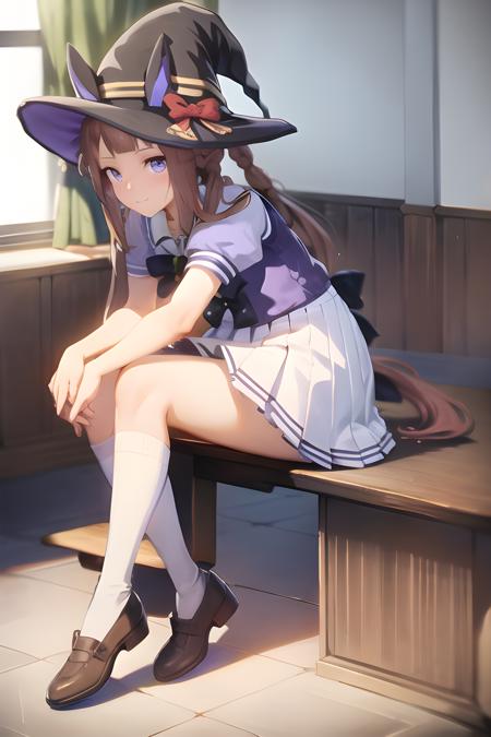 sweep tosho \(umamusume\), natsufuku, witch hat, very long hair, twintails, hair rings, pleated skirt, puffy short sleeves, purple bow, white skirt, sailor collar, sailor shirt, tracen school uniform, solo, 1girl, looking at viewer, school classroom, chairs, tables, windows, (smile:0.8), (open mouth:0.3), (smirk:0.5), horse tail, dynamic angle, sitting, hands on table, white kneehighs