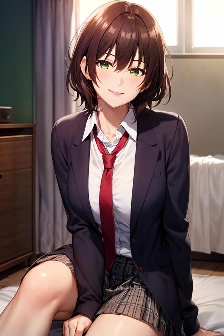 masterpiece, (best quality), 1woman,1girl ,aoihinami, , short hair, green eyes, white shirt,school uniform,sexy woman,jacket, necktie, collared shirt,closed clothes,  flirty, smile, hair between eyes, vibrant colors ,natural lighting  ,RTX,  , beautiful, (detailed face:1.2), showcase, (perfect eyes:1.1) ,(photorealistic:1.1), 8k uhd,  looking a viewer, indoors,  simple backround