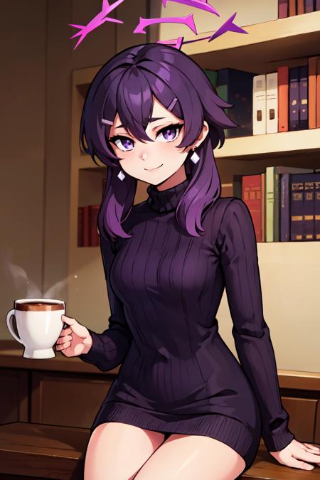 zzHaruka, purple eyes, purple hair, medium hair, halo, hairclip, purple halo, hat black skirt, garrison cap, juliet sleeves, black jacket, pleated skirt, 