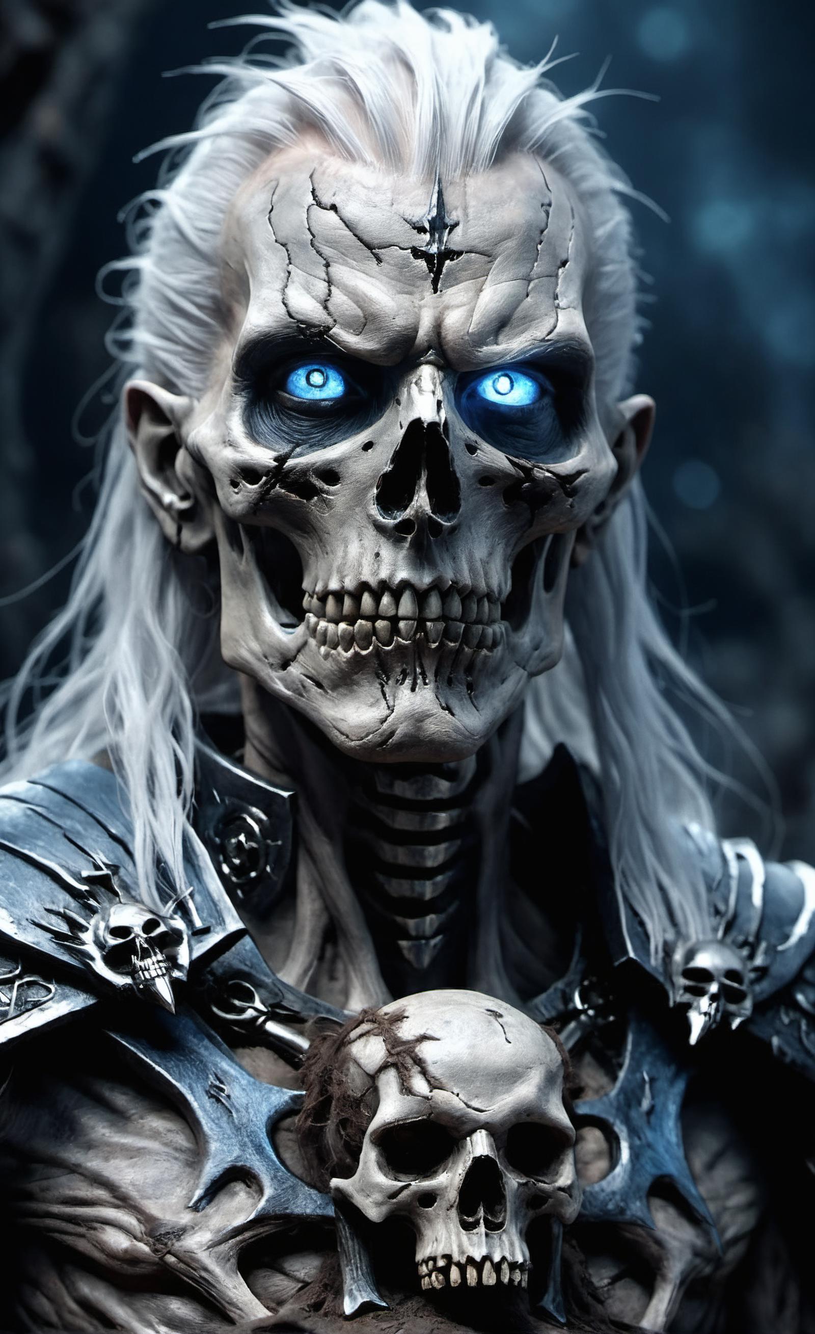 Ancient-looking skeleton with blue eyes and silver armor.