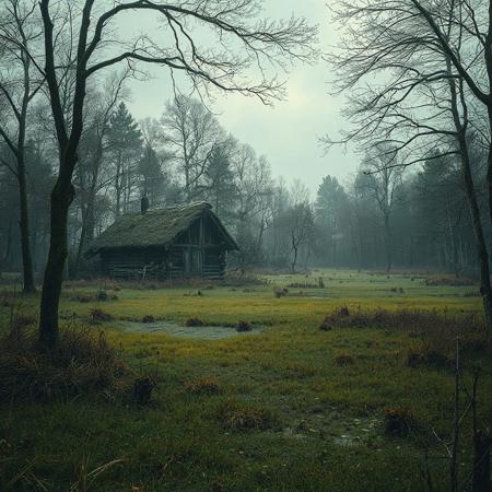 8k, source_photo, source_real, traditional media, amateur, real life photo, broad swamp and marsh, clumps of woodland, abandoned hut, dungeons and dragons, medieval