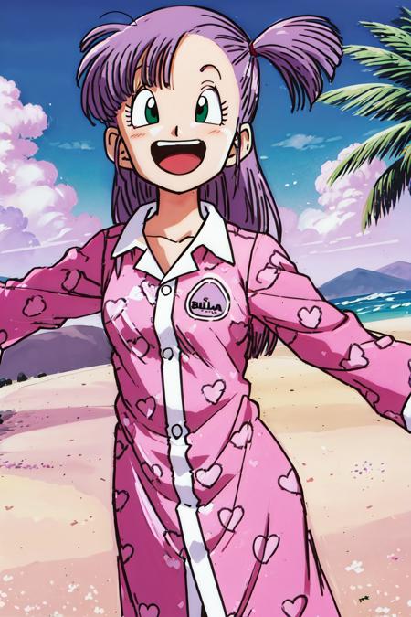 <lora:bulmaptp:0.7>, bulma, 1girl, solo, smile, open mouth, green eyes, purple hair, :d, heart, outdoors, sky, cloud, tree, one side up, outstretched arms, pajamas, palm tree, heart print, pink pajamas, clothes writing