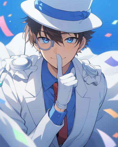 1boy，solo，meitantei_conan,kaitou_kid blue_shirt,white_jacket,magic_kaito,dress_shirt,necktie,monocle_chain,top_hat,monocle,red_necktie,white_suit,white_cape,formal,cape