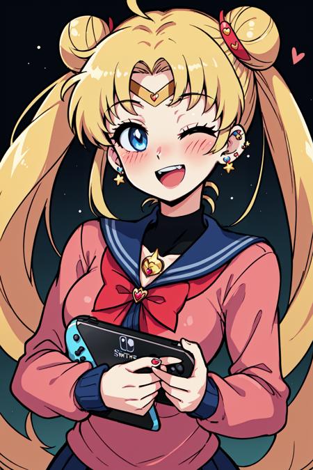 Alternative Sailor Moon,  1girl,  ;d,  bangs,  black cat,  blonde hair,  blue eyes,  blush,  cat,  crescent,  crescent earrings,  double bun,  ear piercing,  earrings,  hair bun,  hair ornament,  handheld game console,  heart,  holding,  holding handheld game console,  jewelry,  long hair,  long sleeves,  looking at viewer,  nintendo switch,  one eye closed,  open mouth,  parted bangs,  piercing,  smile,  solo,  star (symbol),  sweater,  teeth,  twintails,  upper body,  upper teeth only, <lora:EMS-49403-EMS:0.600000>