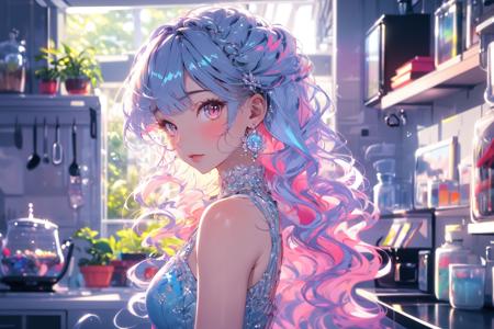 (masterpiece:1.2), best quality,PIXIV,Colorful portraits, 
1girl, solo, long hair, looking at viewer, jewelry, earrings, indoors, bangs, dress, blush, plant, multicolored hair, upper body, shelf, pink eyes, window, potted plant, flower, closed mouth, from side, wavy hair, bare shoulders, sleeveless, pink hair, kitchen, breasts, blue dress,white hair,
<lora:Colorful portraits_20230715165729-000018:1>