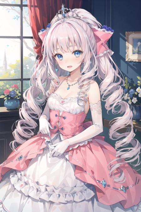 best quality,masterpiece, high res,original, beautiful detailed eyes,ultra-detailed, (bernadette villeburg), drill hair, long hair, very long hair, pink hair, blue eyes, hair bow, tiara, solo, dress, gloves, elbow gloves, open mouth, smile, bare shoulders, flower, white gloves, bow, blush, necklace, looking at viewer
 <lora:koikishi_v2-000026:1>