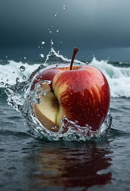 Stable_Yogis_PDXL_Positives
 Imagine a photograph capturing an extraordinary and surreal subject: a transparent apple, crystal clear and perfectly formed, revealing a highly detailed, tumultuous miniature sea raging within. The apple sits boldly in the center of the frame, its smooth, glass-like surface reflecting light and offering a window into the dynamic scene inside. Within, the stormy sea is a marvel of miniaturization - tiny waves crest and crash with realistic ferocity, and if one looks closely, minute flashes of lightning and swirls of wind can be discerned, adding to the tempest's drama. The background of the photo is intentionally simple, perhaps a soft, neutral color or a subtle gradient, ensuring that all attention is drawn to the striking contrast between the serene exterior of the apple and the wild, chaotic seascape it contains. The lighting is key, illuminating the apple in a way that highlights the intricate details of the storm inside while maintaining the overall clarity and impact of the image.