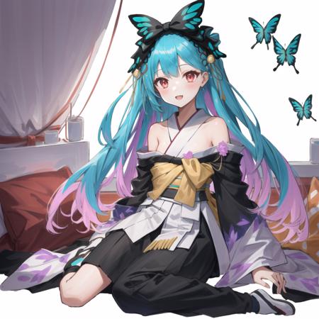 <lora:furisoderushialast:1>,  furisoderushia, gradient hair, multicolored hair,  aqua hair, pink hair, long hair, red eyes, two-tone hair, kimono, butterfly hair ornament, detached sleeves, obi, hair bow, off-shoulder, full body,