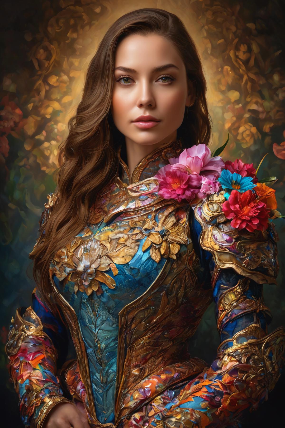 A beautiful woman with long hair wearing a blue and gold dress and surrounded by flowers.